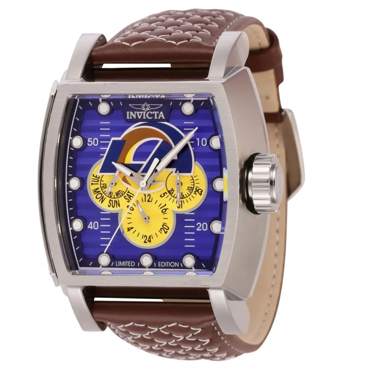 Invicta S1 Rally Nfl Los Angeles Rams Men`s 48mm Limited Edition Watch 45083 - Dial: Blue, Multicolor, Silver, White, Yellow, Band: Brown, Bezel: Silver