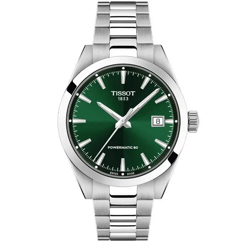 Tissot Gentleman 38mm Green Dial Men`s Watch T1658071109100 - Dial: Green, Band: Silver, Bezel: Silver