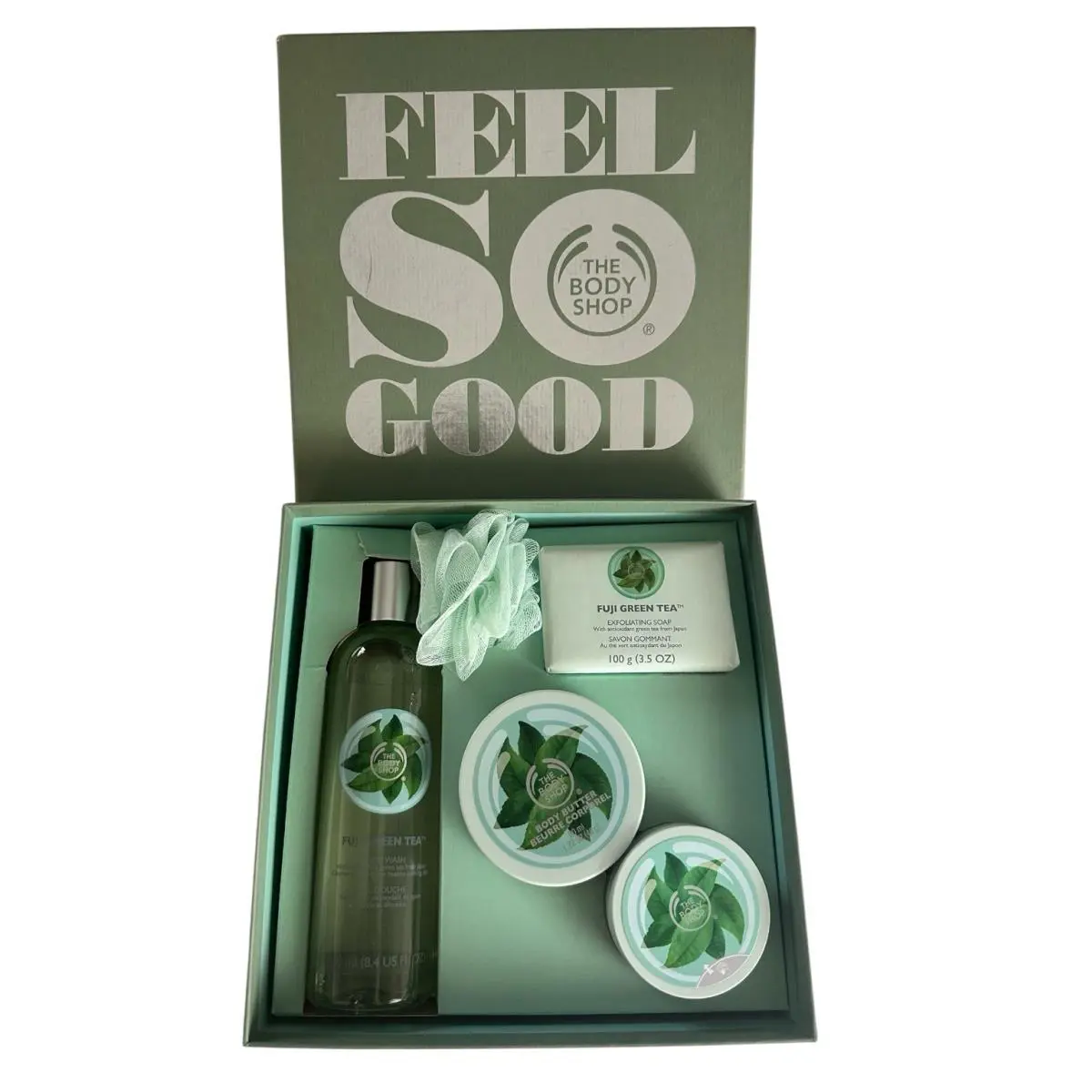 The Body Shop Fuji Green Tea Gift Set Gel Wash Bar Soap Body Scrub Body Butter