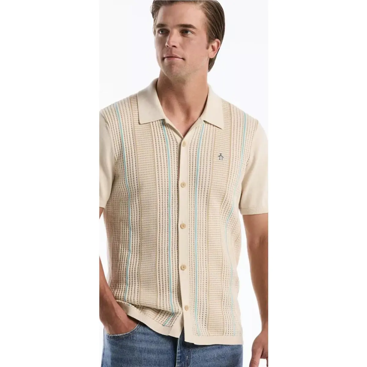 Original Penguin Vertical Stripe Sweater Button Down Shirt Mens XL