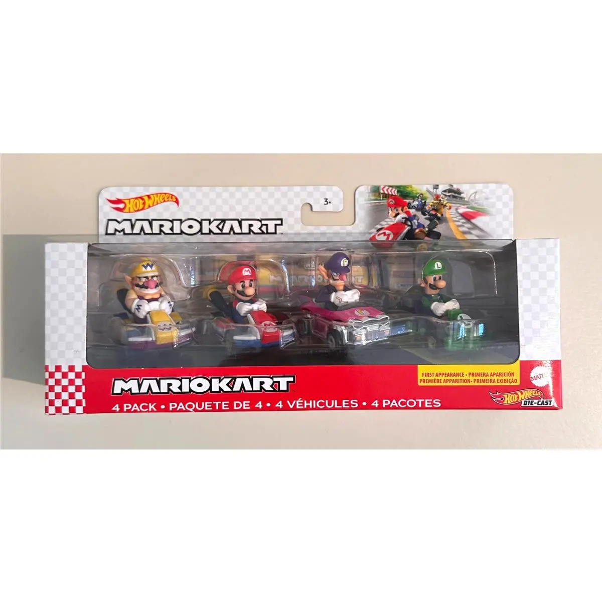 Hot Wheels Mario Kart Diecast Car 4 Pack Wario Luigi Mario and Waluigi