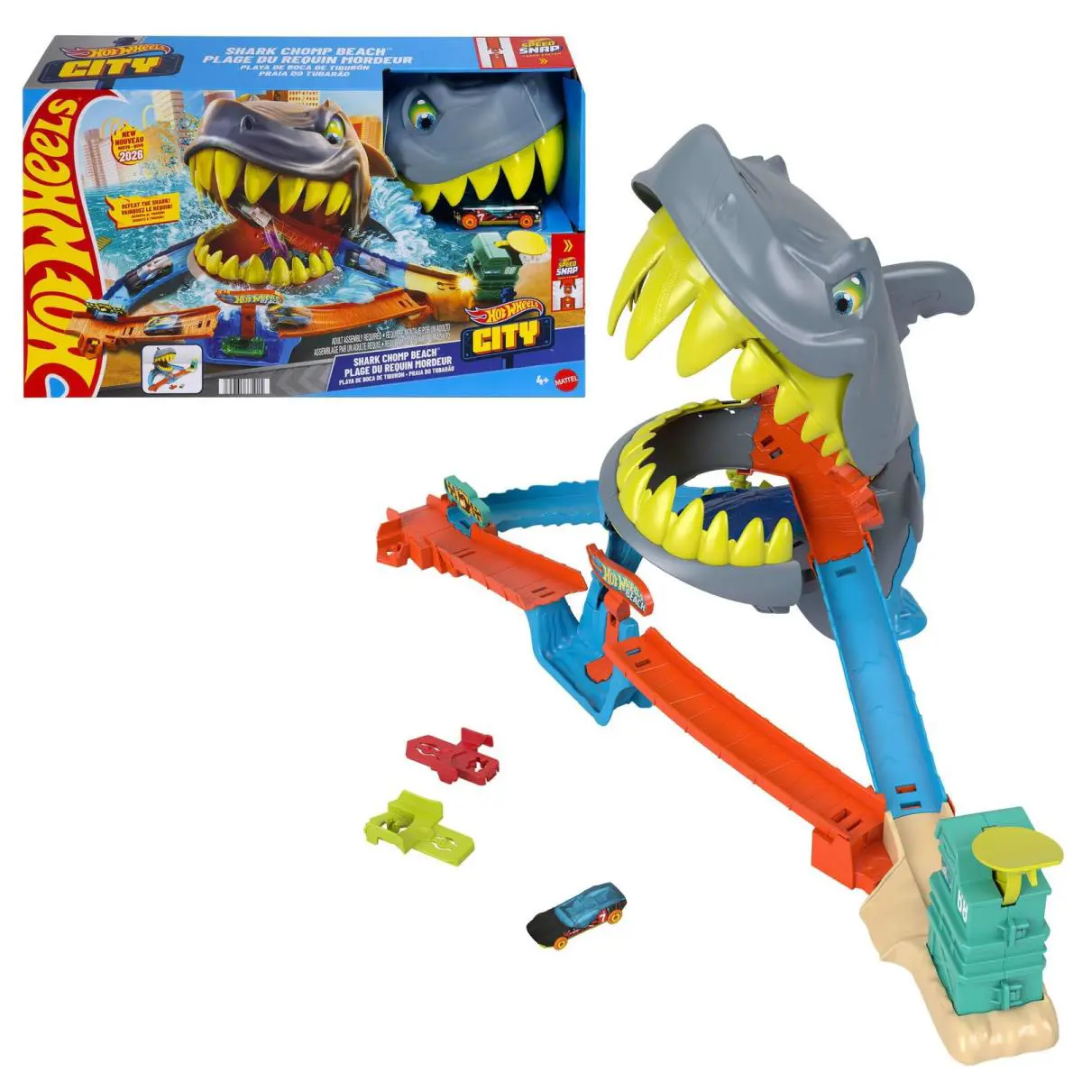 Hot Wheels Toy Car Track Set City Shark Chomp Beach Playset with 1:64 Scale Die