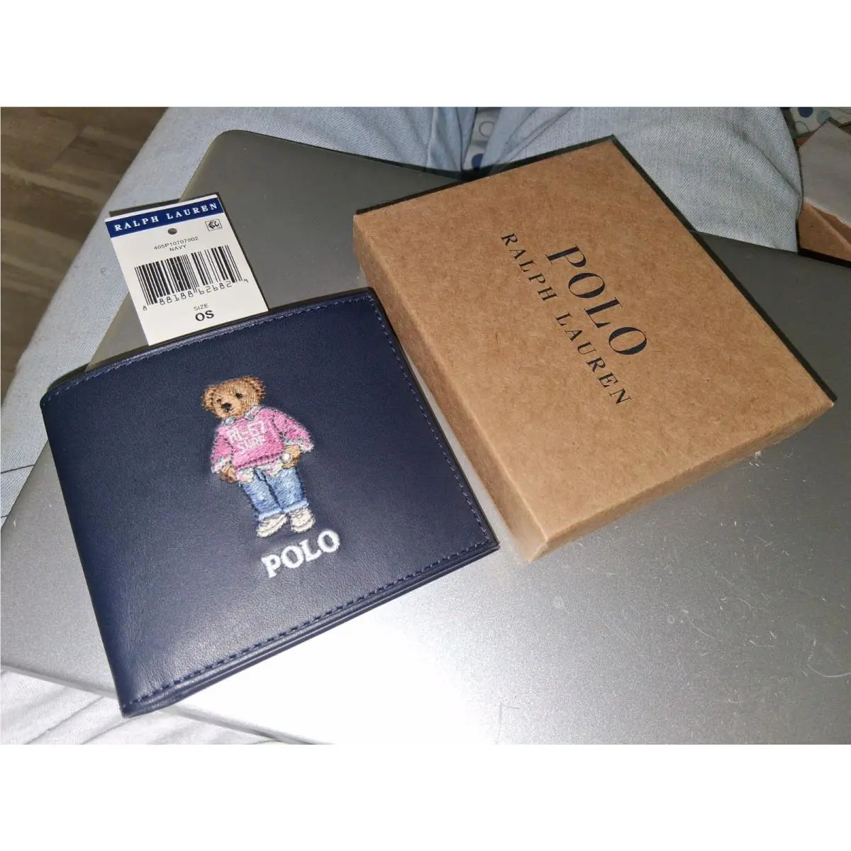 Polo Ralph Lauren Blue Preppy Pink Bear Leather Billfold Wallet Full Size
