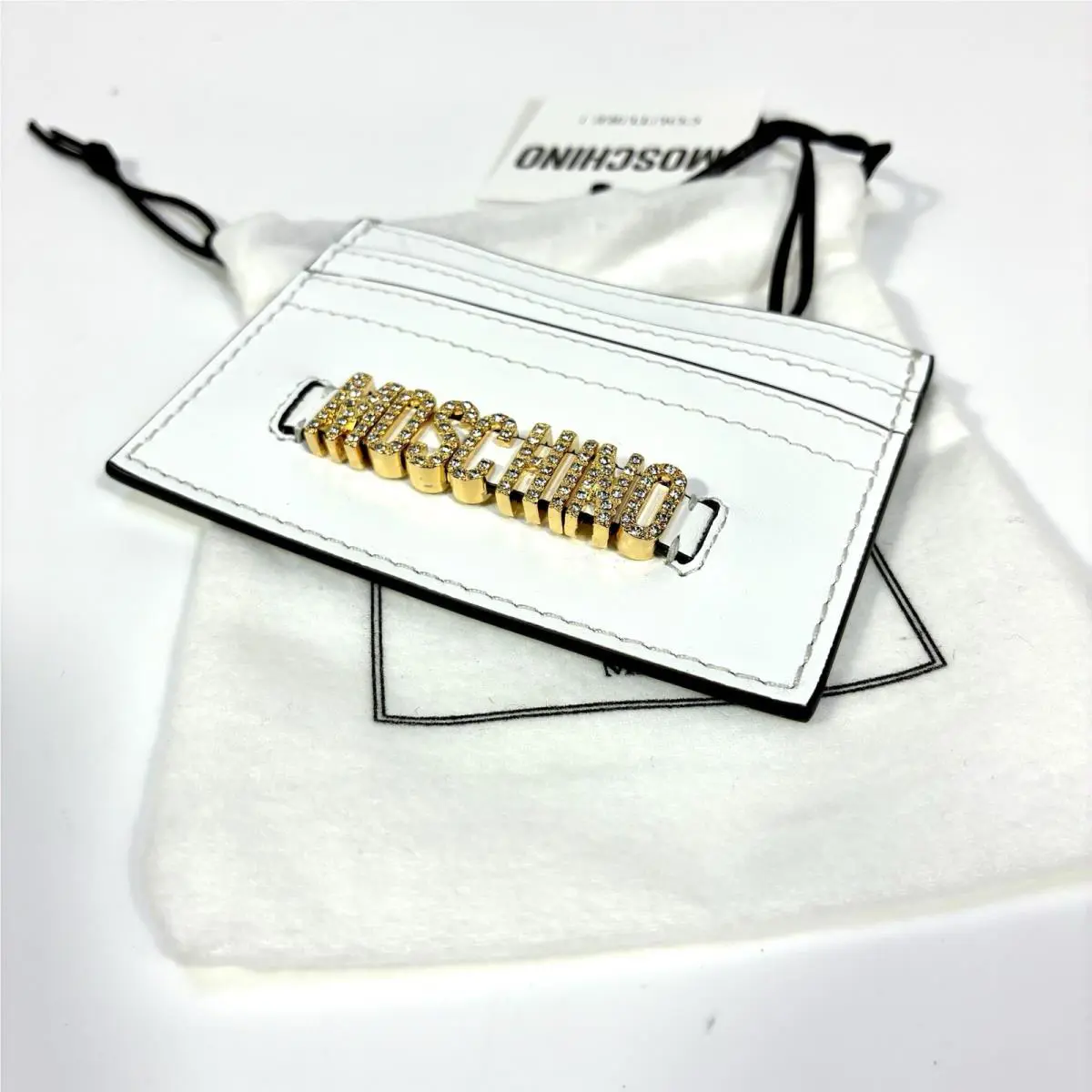 Moschino Couture Logo Card Case Fantasy Print White Leather Glam Card Holder