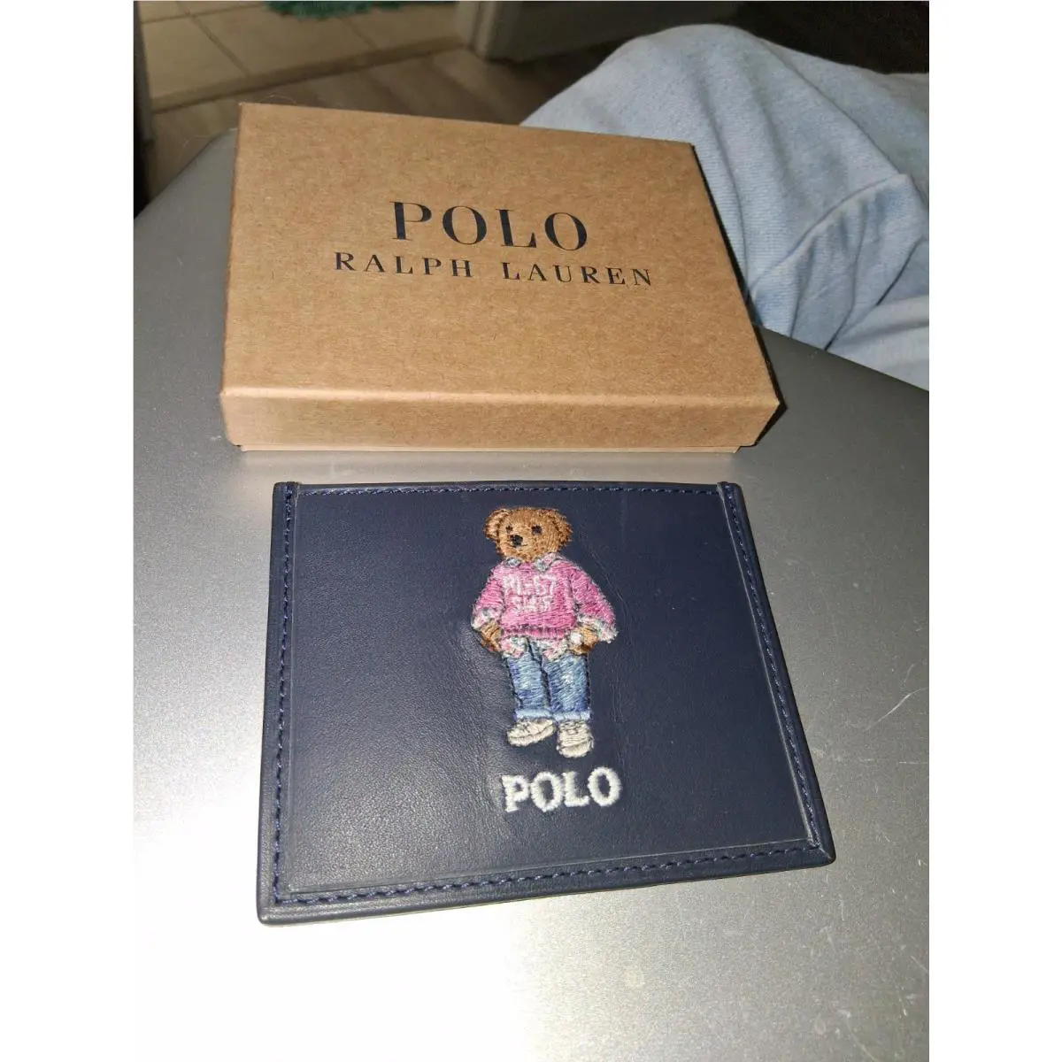 Polo Ralph Lauren Blue Preppy Pink Bear Leather Credit Card Case