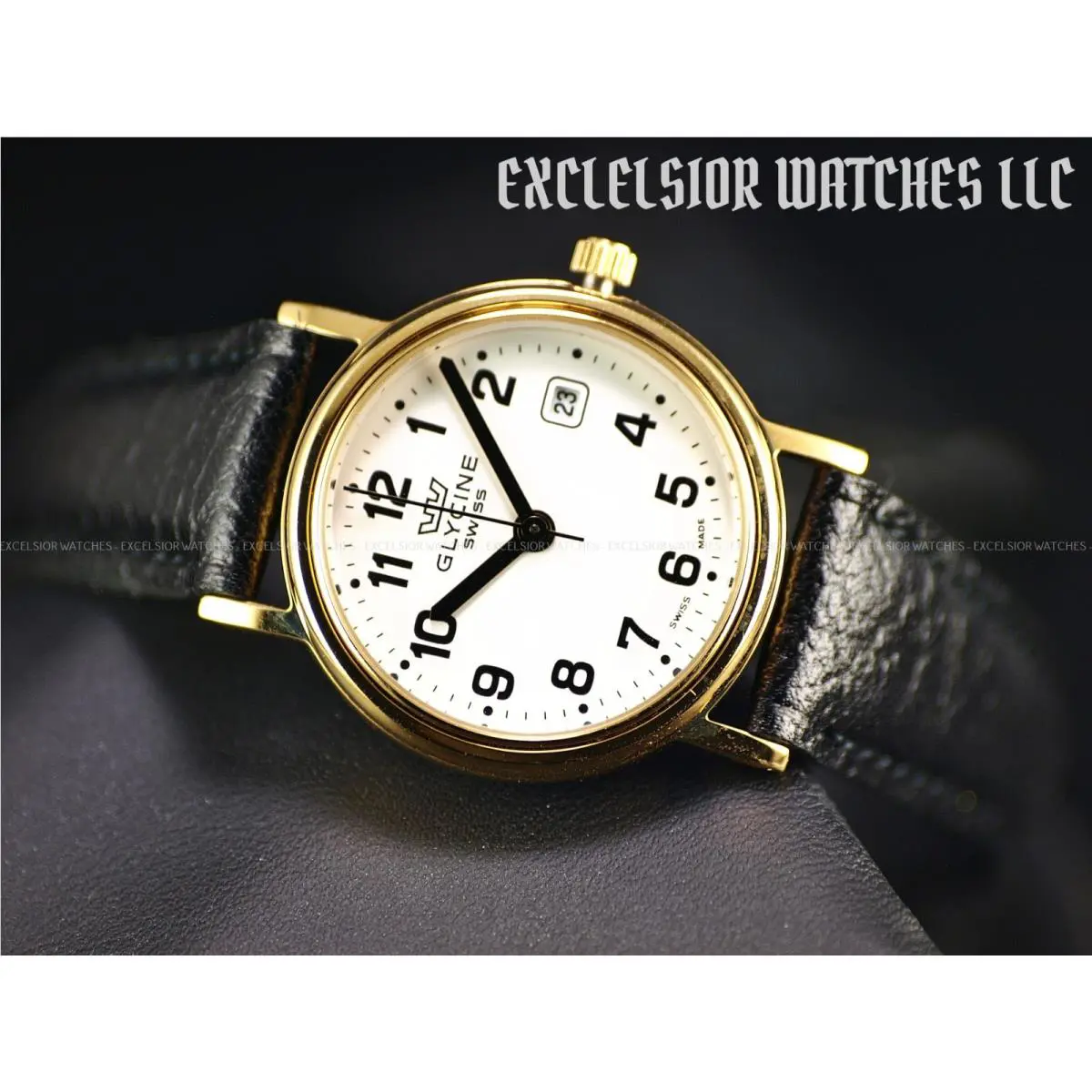 Glycine 26mm Swiss Made Quartz Gold Tone White Dial Leather SS Watch