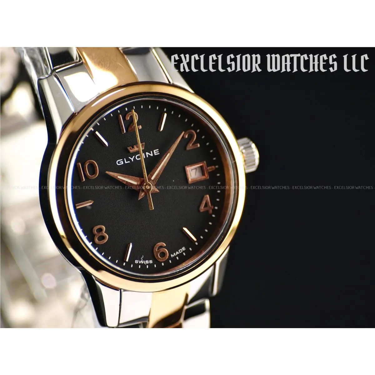 Glycine 28mm Swiss Made Quartz Two Tone Black Dial Sapphire SS Watch