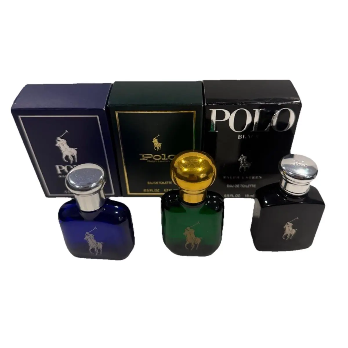 Ralph Lauren Polo Blue Black Green Each Size 0.5oz Edt Splash 3 X 0.5oz