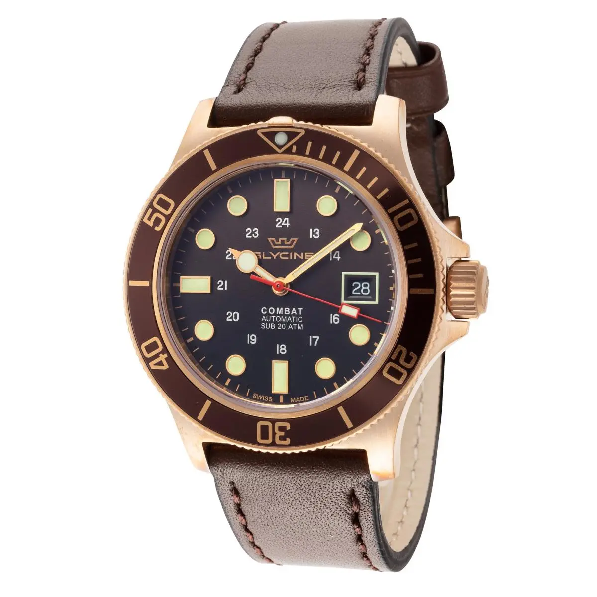 Glycine Men`s Combat Sub Bronze 42mm Automatic Watch GL0375 - Dial: Brown, Band: Brown, Other Dial: Brown