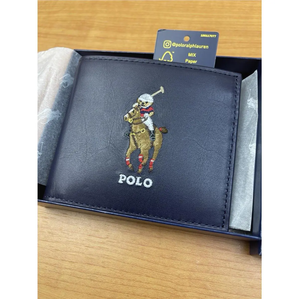 Polo Ralph Lauren Men`s Polo Bear Navy Blue Leather Bifold Wallet
