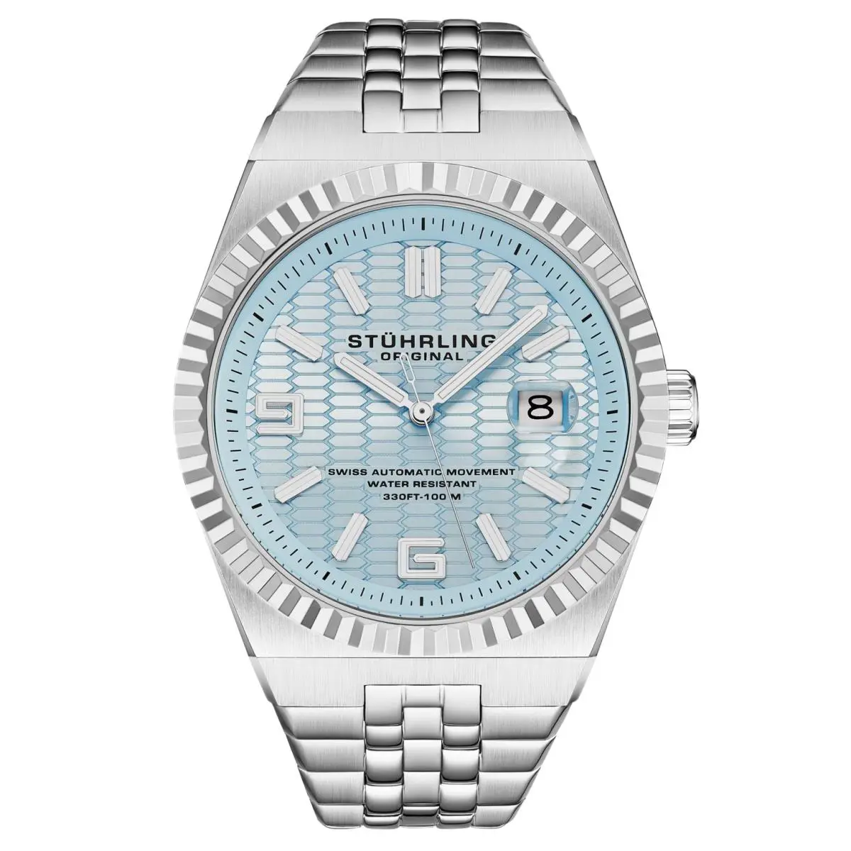 Stuhrling 1027 04 Sentinel Swiss Automatic Date Light Blue Dial Mens Watch
