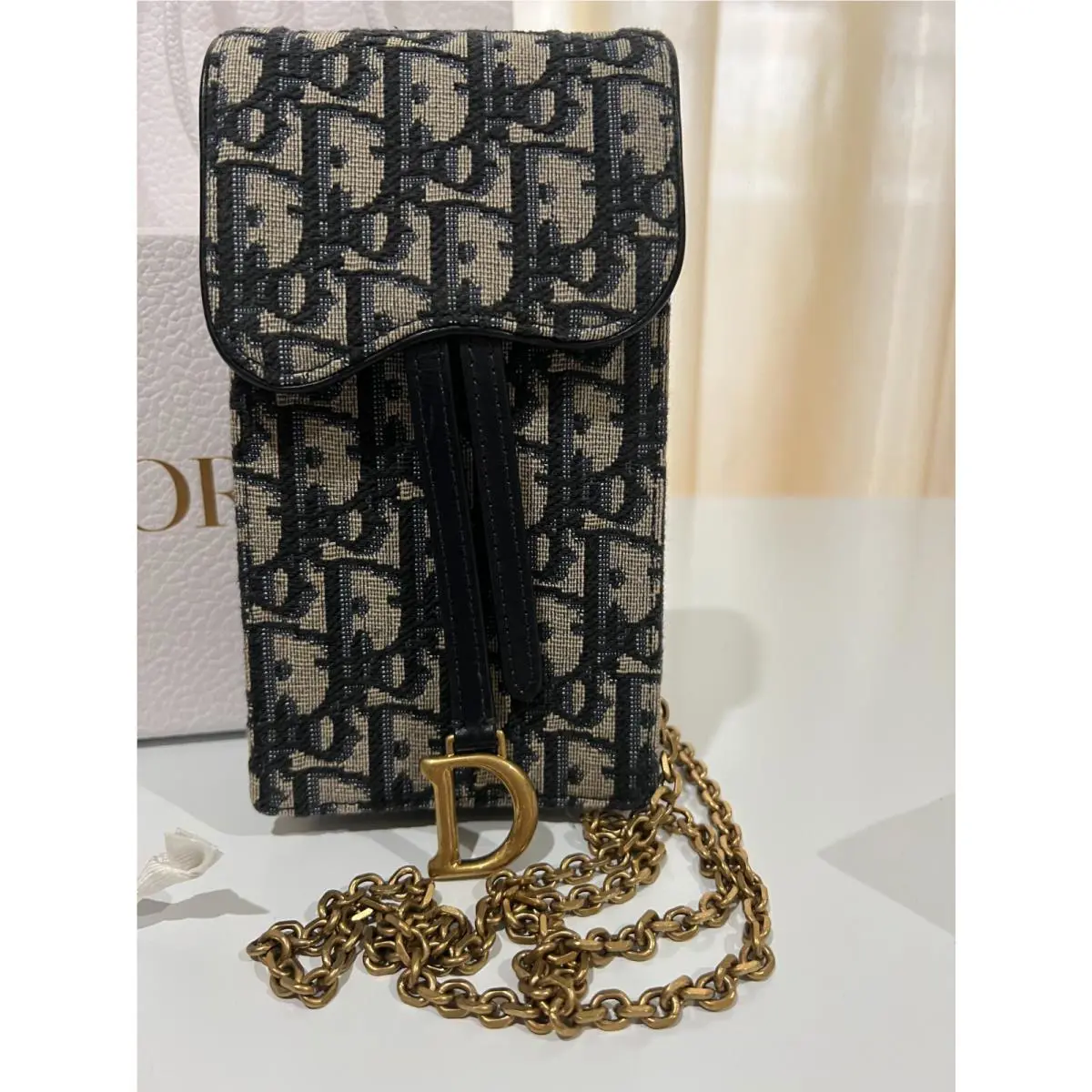 Christian  Saddle Pouch Chain Shoulder Bag Blue  Oblique Jacquard by Dior