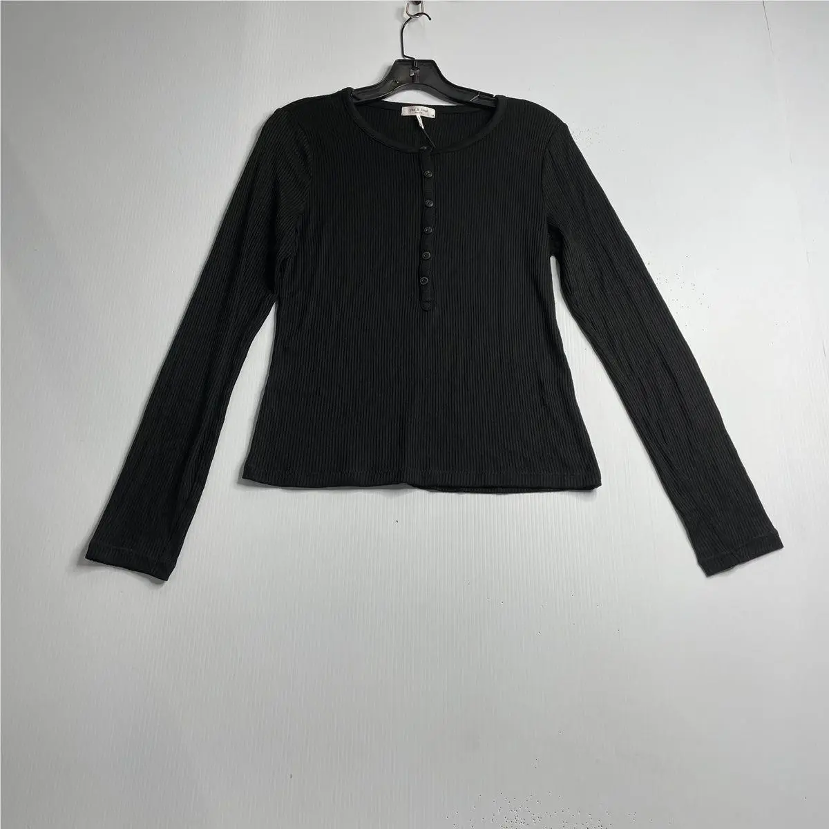 Rag Bone The Rib Knit Henley Top Women`s Size L Black WCC23ST049LB49