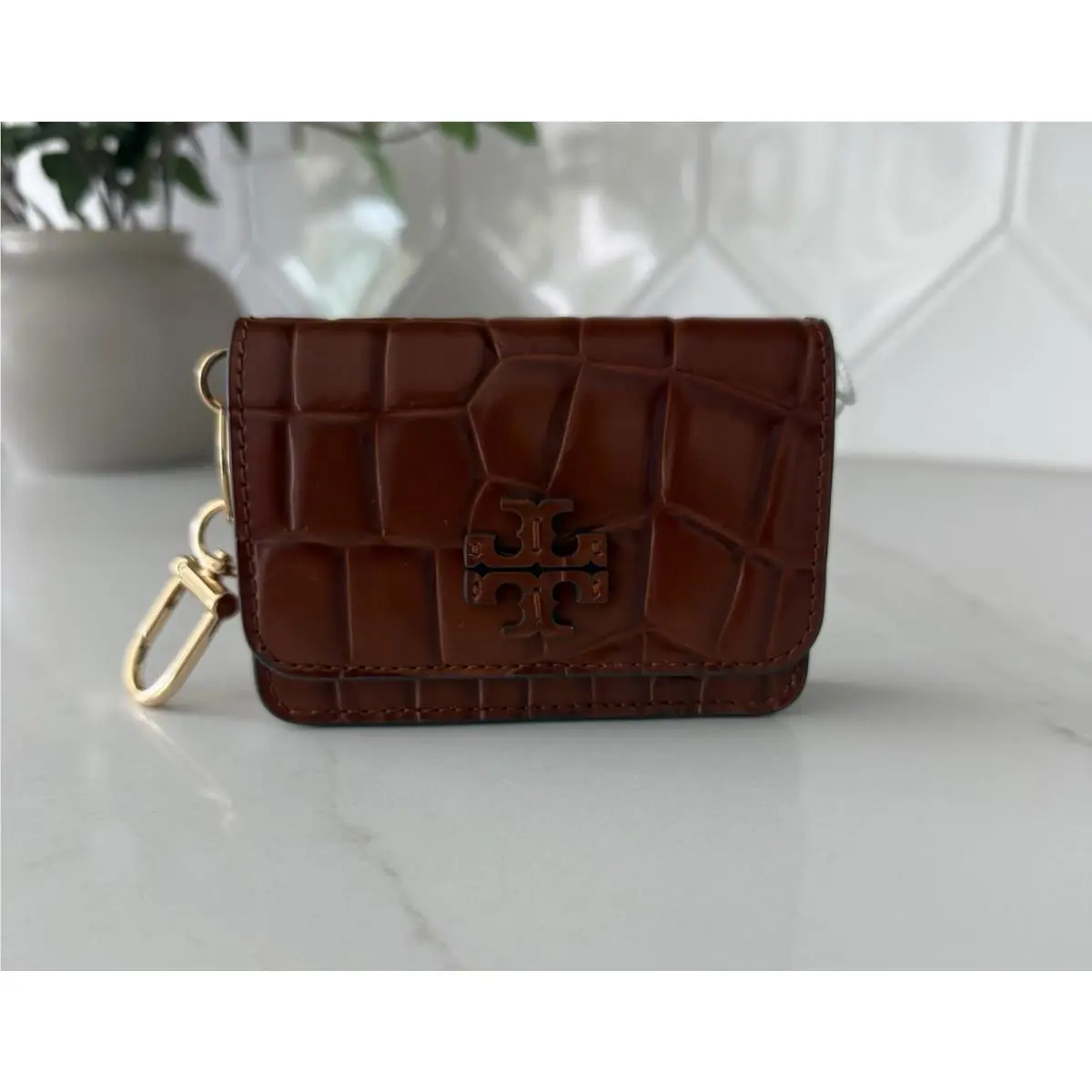 Tory Burch Thea Croc Embossed Flap Card Case Wallet Warm Amber