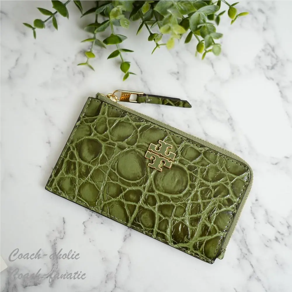 Tory Burch Britten Embossed Croc Leather Zip Card Case in Soft Ivy
