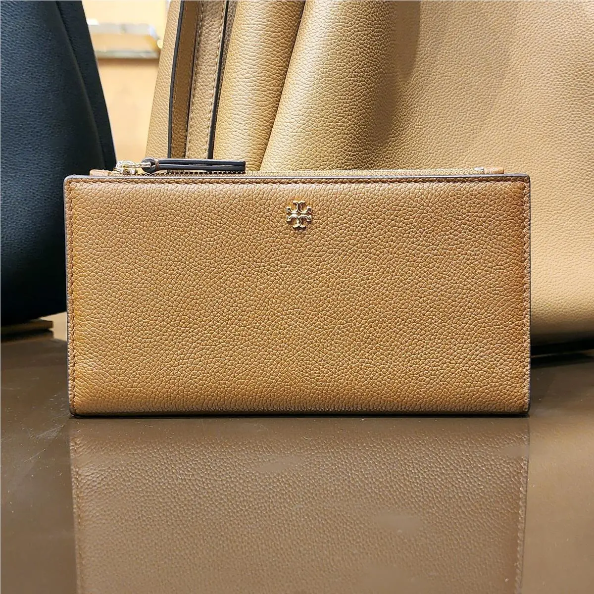 Latest Tory Burch Blake Cortado Brown Pebbled Leather Slim Envelope Wallet