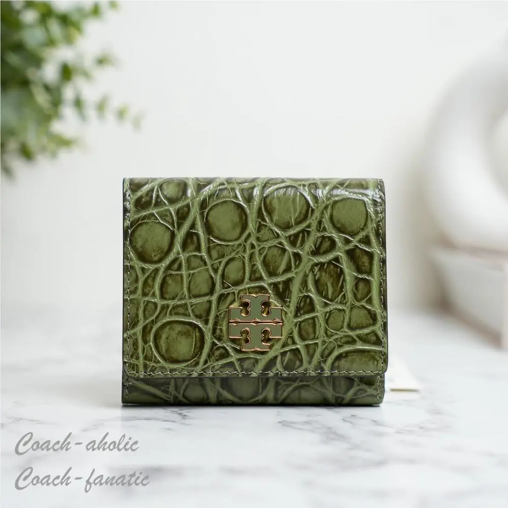 Tory Burch Britten Embossed Croc Compact Wallet in Soft Ivy
