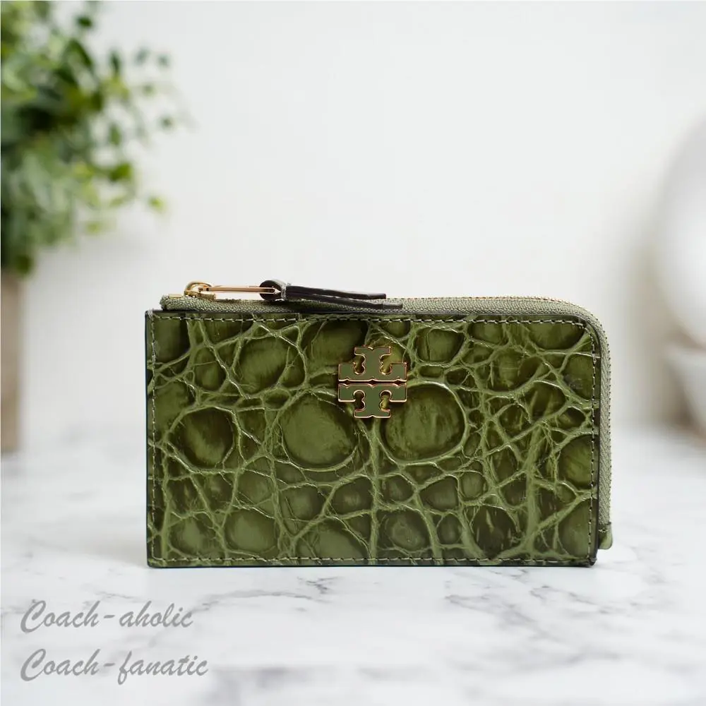 Tory Burch Britten Embossed Croc Leather Zip Card Case in Soft Ivy