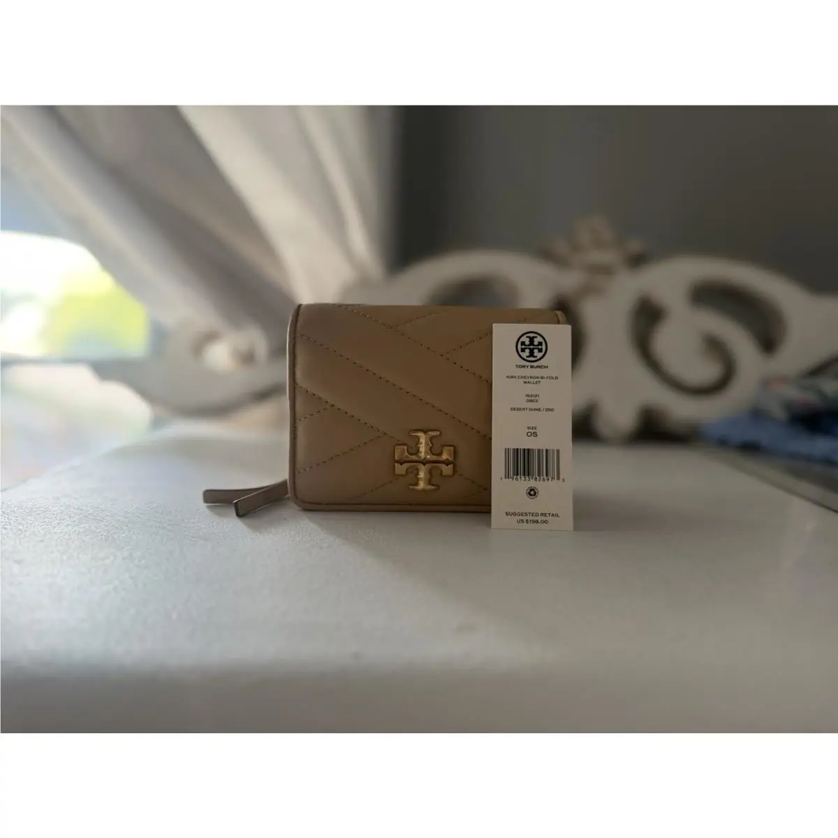 Tory Burch Small Kira Pave Logo Diamond Quilted Leather Zip Wallet Beige