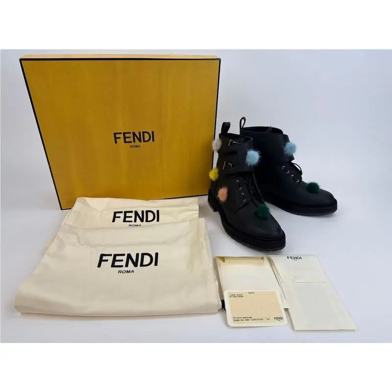 Fendi Roma Mink Pom Pom Military Boot Size 5 / 35.5 Leather Ankle Dust Bag