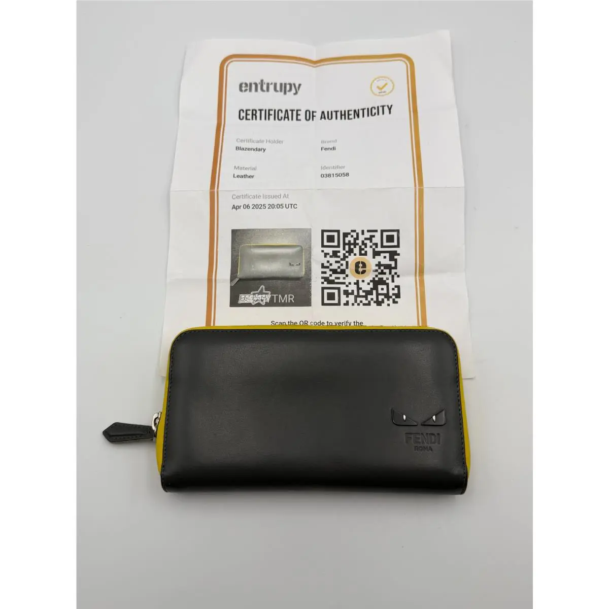 Fendi Monster 7M0210 Bug Eyes Zip Around Long Wallet Black Leather Yellow Trim