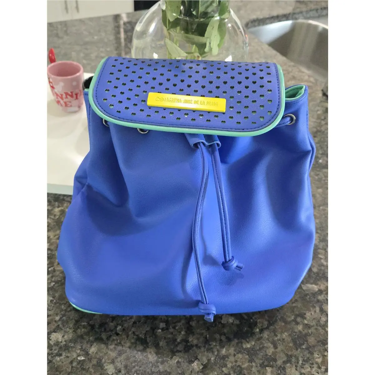 Agatha Ruiz de la Prada Colorful Backpack Blue Pink Heart Print Drawstring Bag