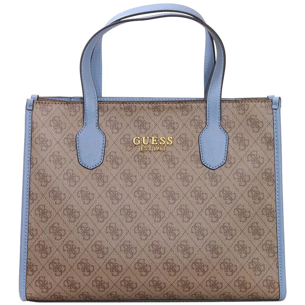 Women`s Silvana Handbag 2-Compartment Pockets Tote Bag Latte Logo/Slate by Guess