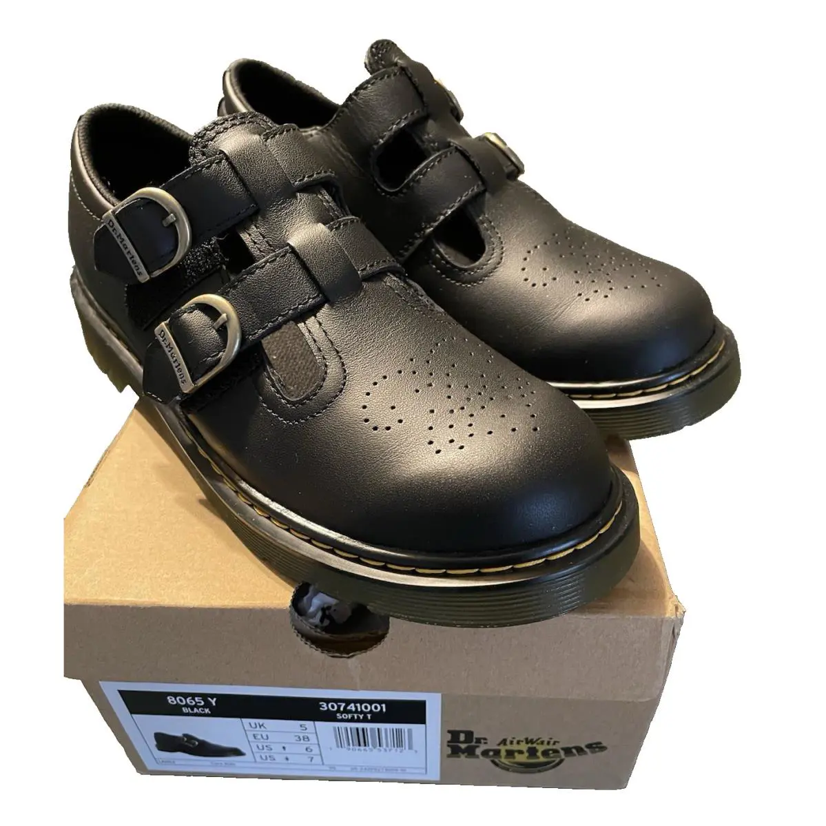 Dr. Martens 8065 Youth 6 Women`s 7.5 8 Black T Strap Mary Jane Leather Shoes