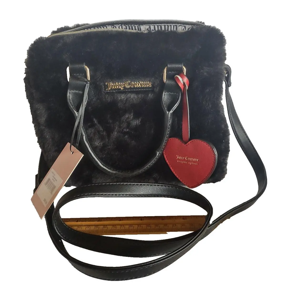 Juicy Couture Cozy Black Fur Adjustable Crossbody Top Handle Satchel
