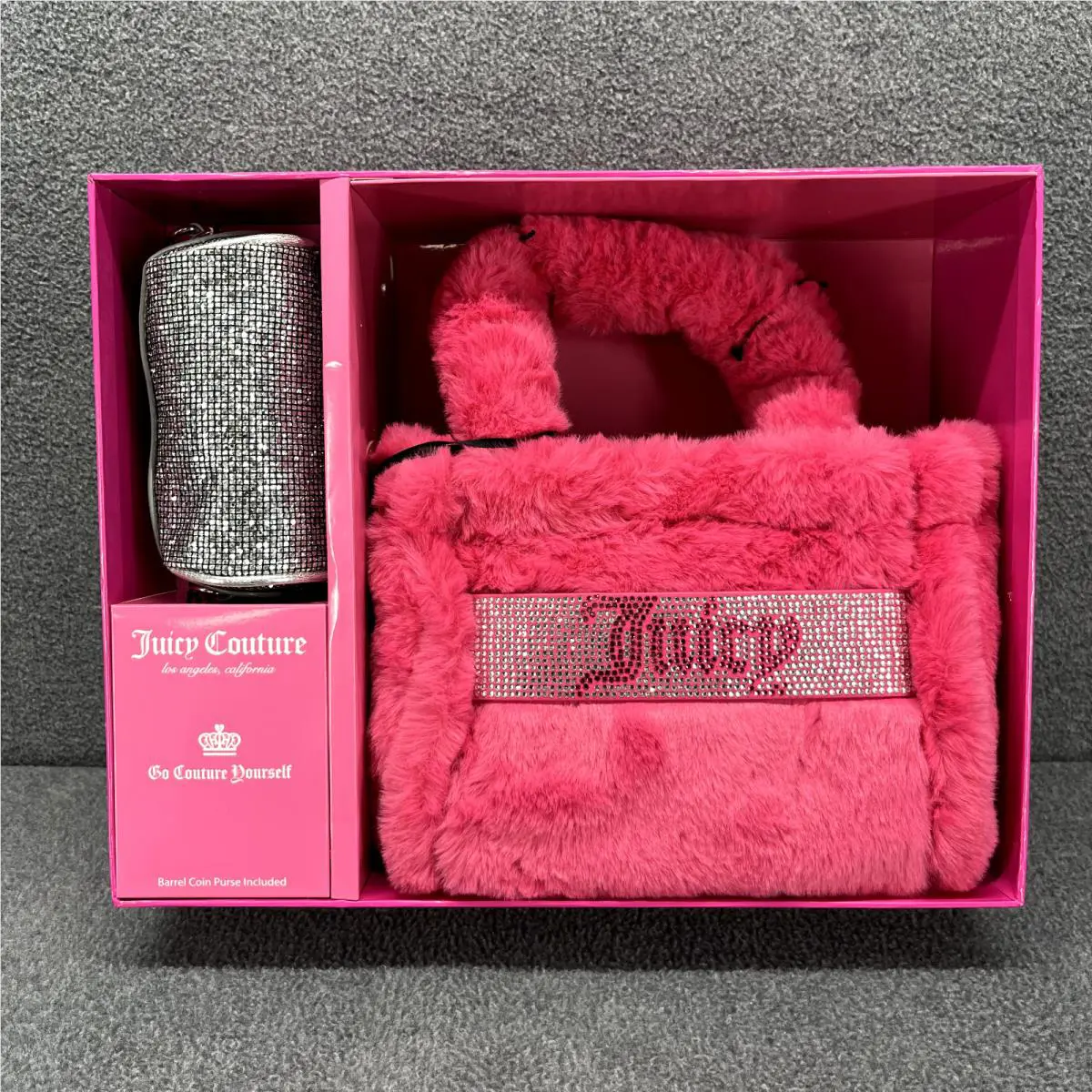 Juicy Couture Mini Tote Bag Fur Pink Silver Coin Purse Gift Set