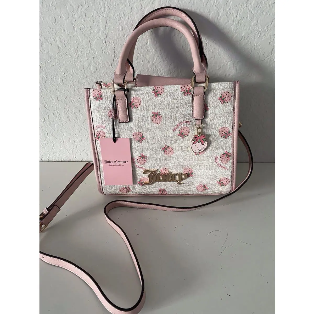 Juicy Couture Berry Sweet Mini Bag Crossbody White Crystal Pink Strawberry Charm