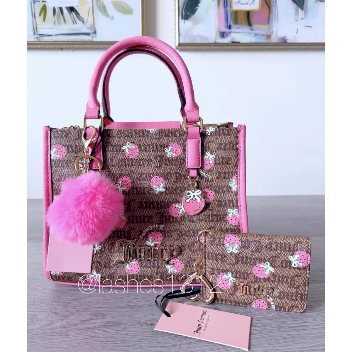 Juicy Couture Bag Berry Sweet Mini Tote Wallet Set - Brown w/ Pink Strawberry