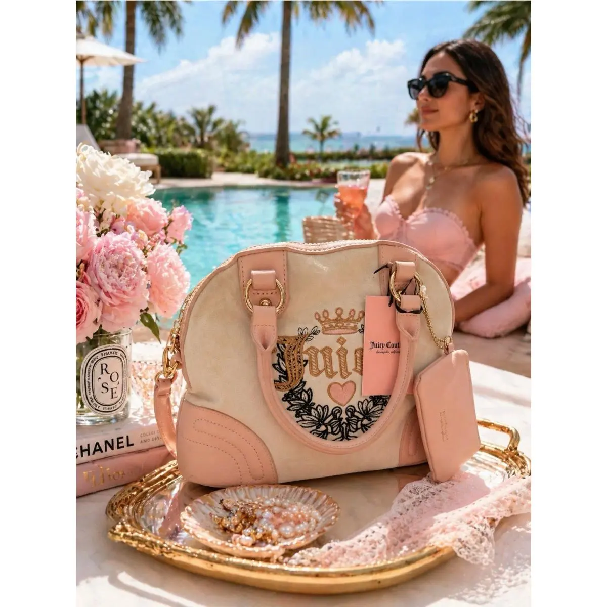 Juicy Couture Heritage Pink and Light Beige Bowler Bag