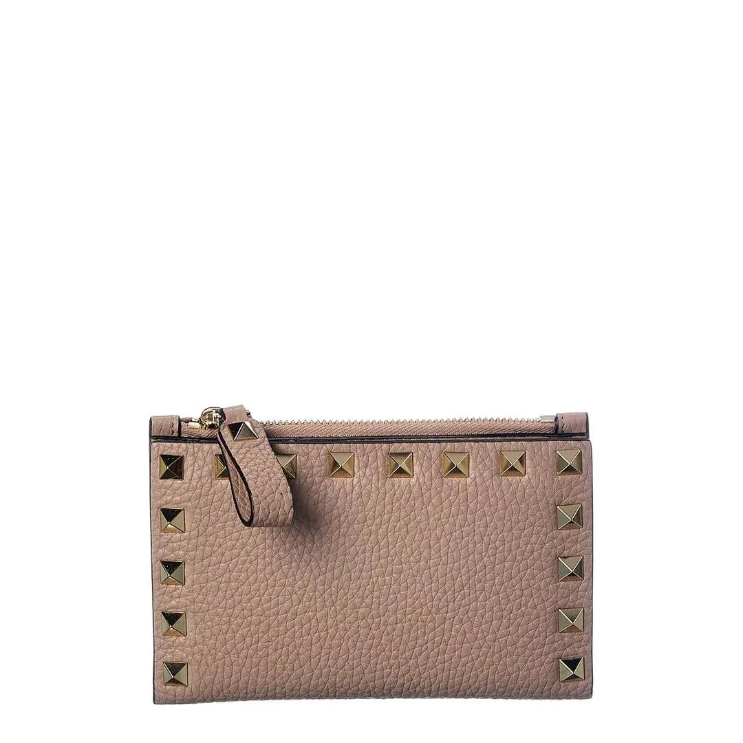 Valentino Rockstud Grainy Leather Coin Purse Card Holder Women`s Pink