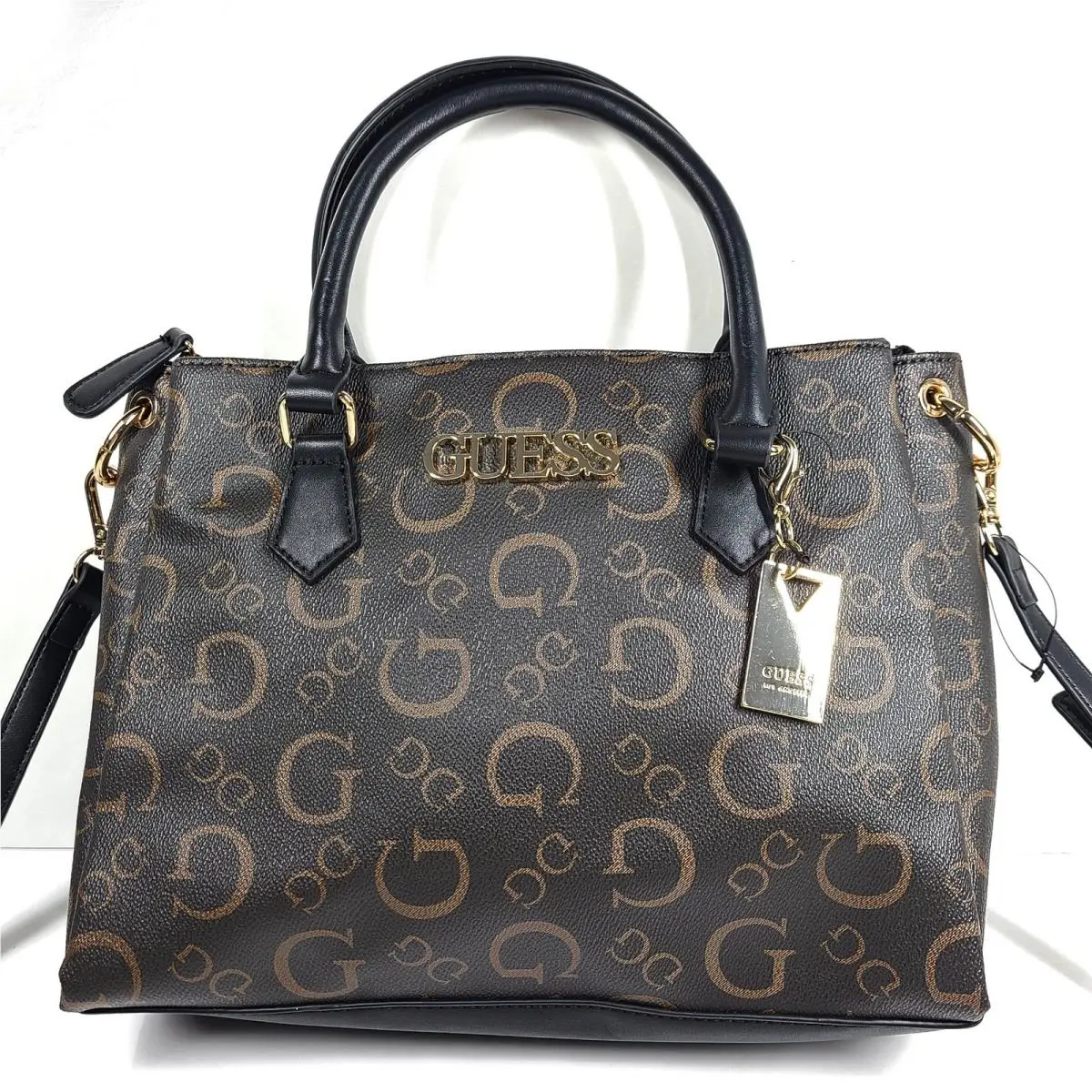 Guess Evie Logo Satchel Bag Monogram Print Shoulder Strap SG863506 Brown