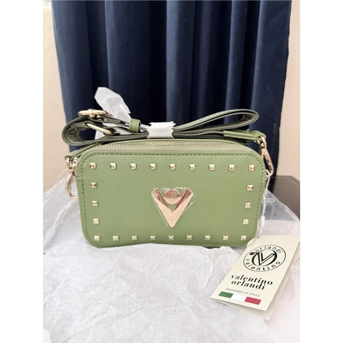 Valentino Orlandi Studded Green Crossbody Purse V Logo Italy