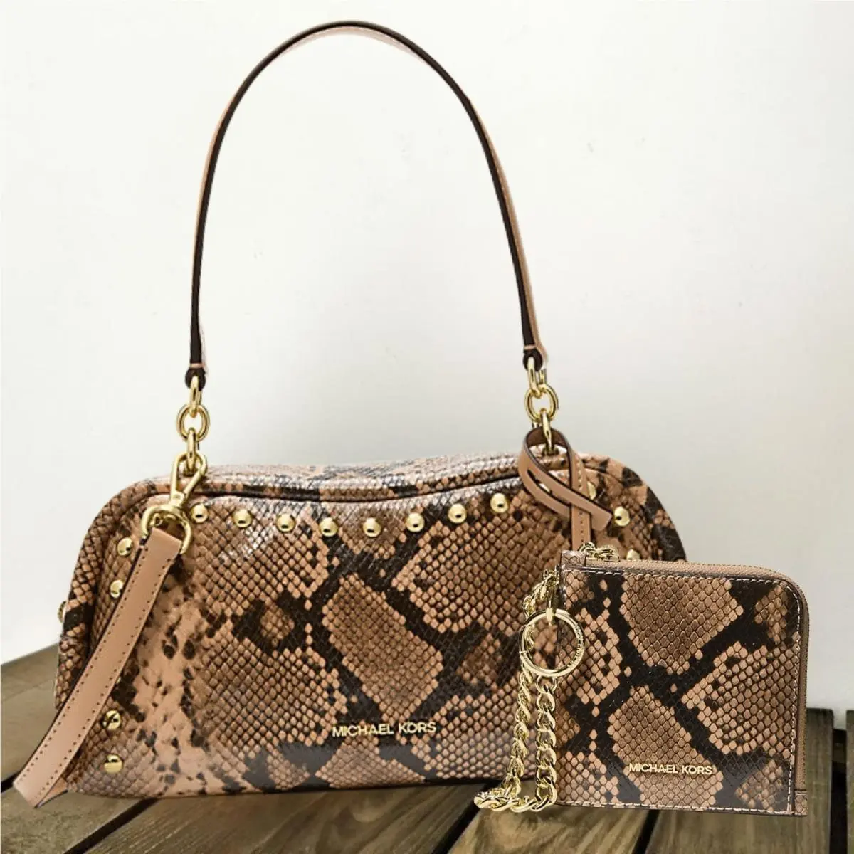 Cecily Women Small Snake Embossed Shoulder Bag + Zip Wallet Combo CAMEL by Michael Kors