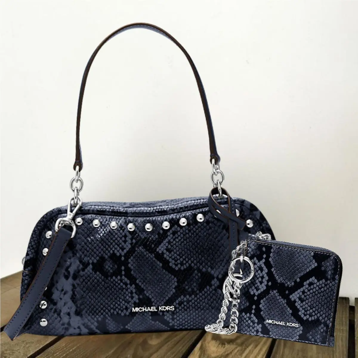 Cecily Women Small Snake Embossed Shoulder Bag + Zip Wallet Combo NAVY by Michael Kors