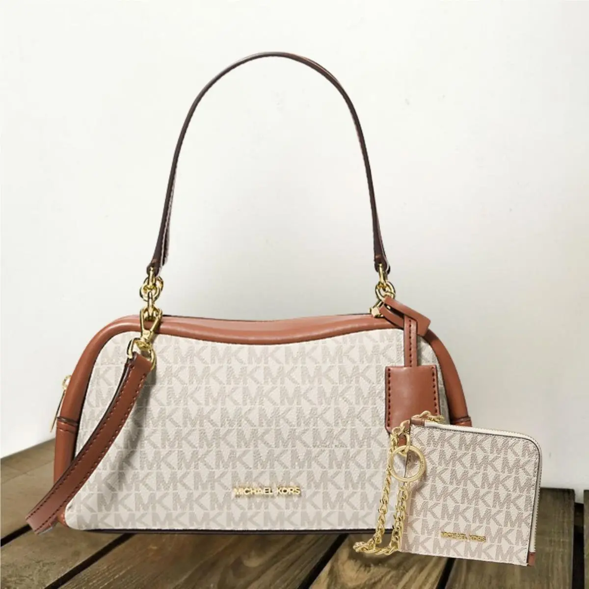 Cecily Women Small Snake Embossed Shoulder Bag + Zip Wallet Combo VANILLA by Michael Kors