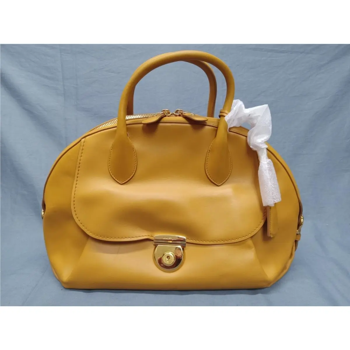 Salvatore Ferragamo Fiamma Top Handle Camel Brown Calfskin Bag Floor Model