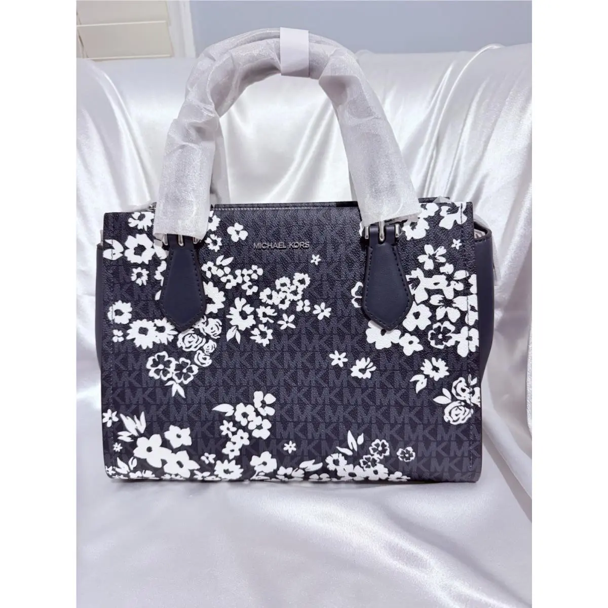 Michael Kors Marilyn Medium Satchel Shoulder Crossbody Bag Admiral Blue Floral