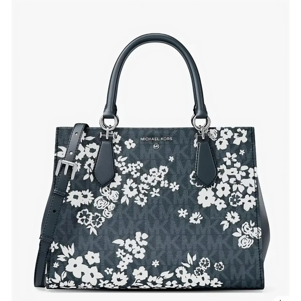 Michael Kors Marilyn Medium Satchel Bag MK Shoulder Floral Crossbody in Admiral