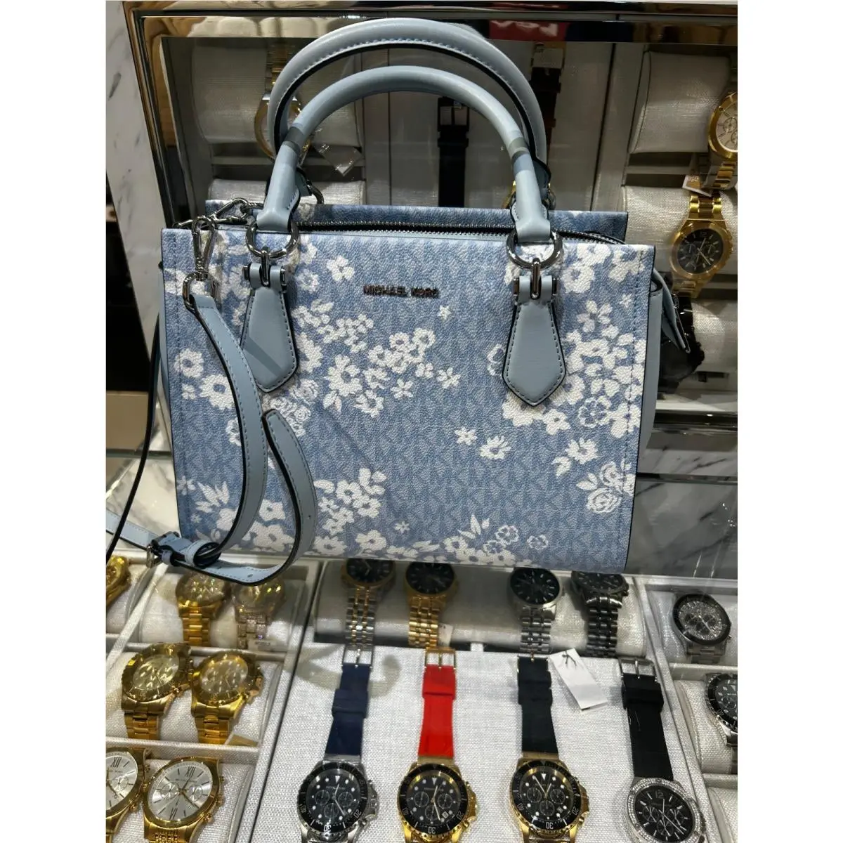 Michael Kors Marilyn Women Medium Embellished Logo Satchel Handbag Pale Ocean