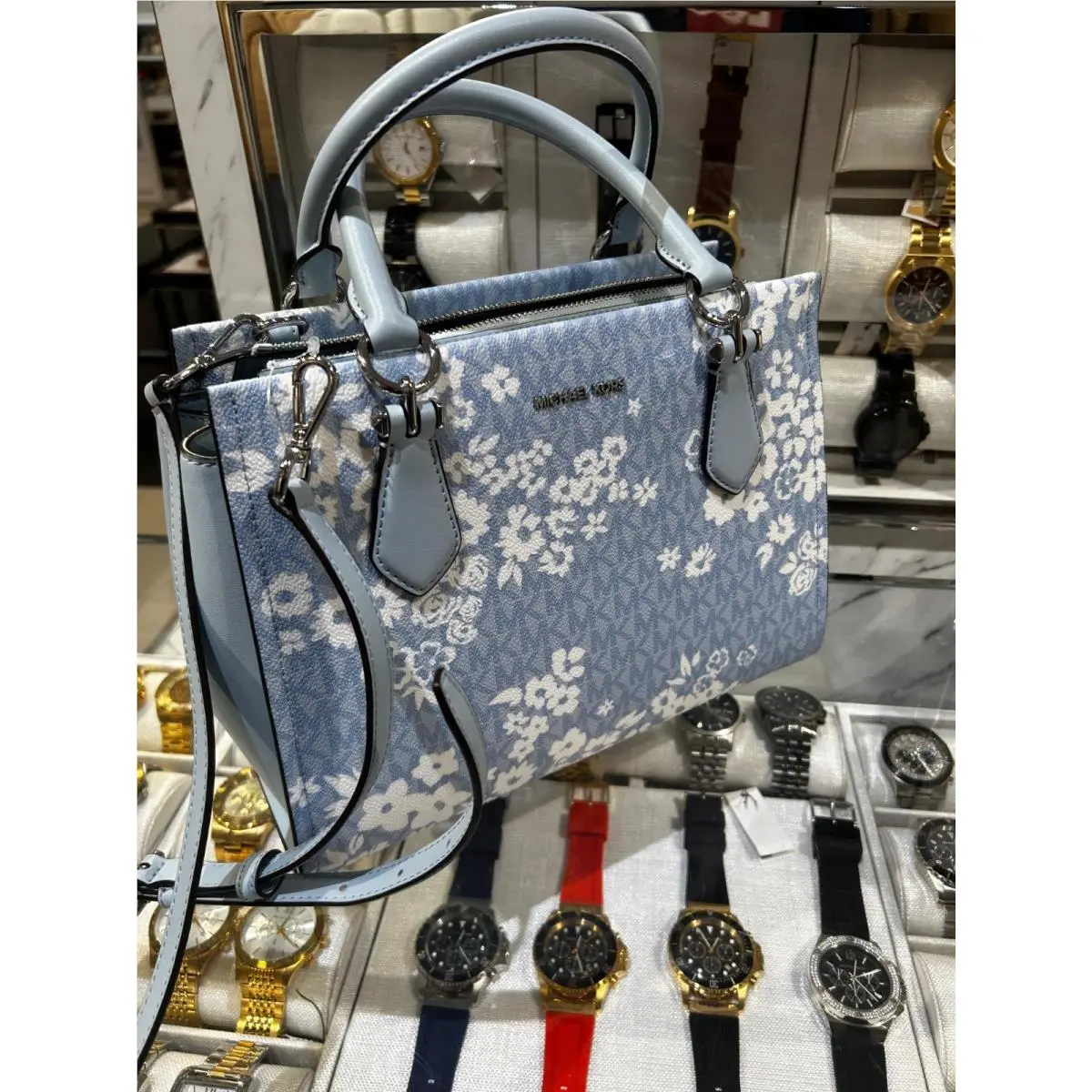 Michael Kors Marilyn Women Medium Satchel Handbag Pale Ocean Crossbody Messenger