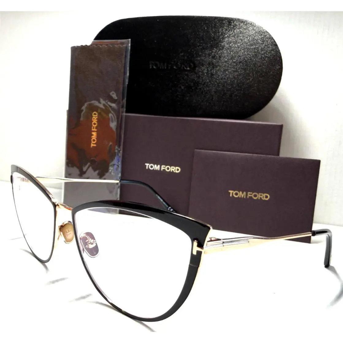 Tom Ford TF 5877-B 001 Shiny Black Enamel/gold Temple Eyeglasses 56-15