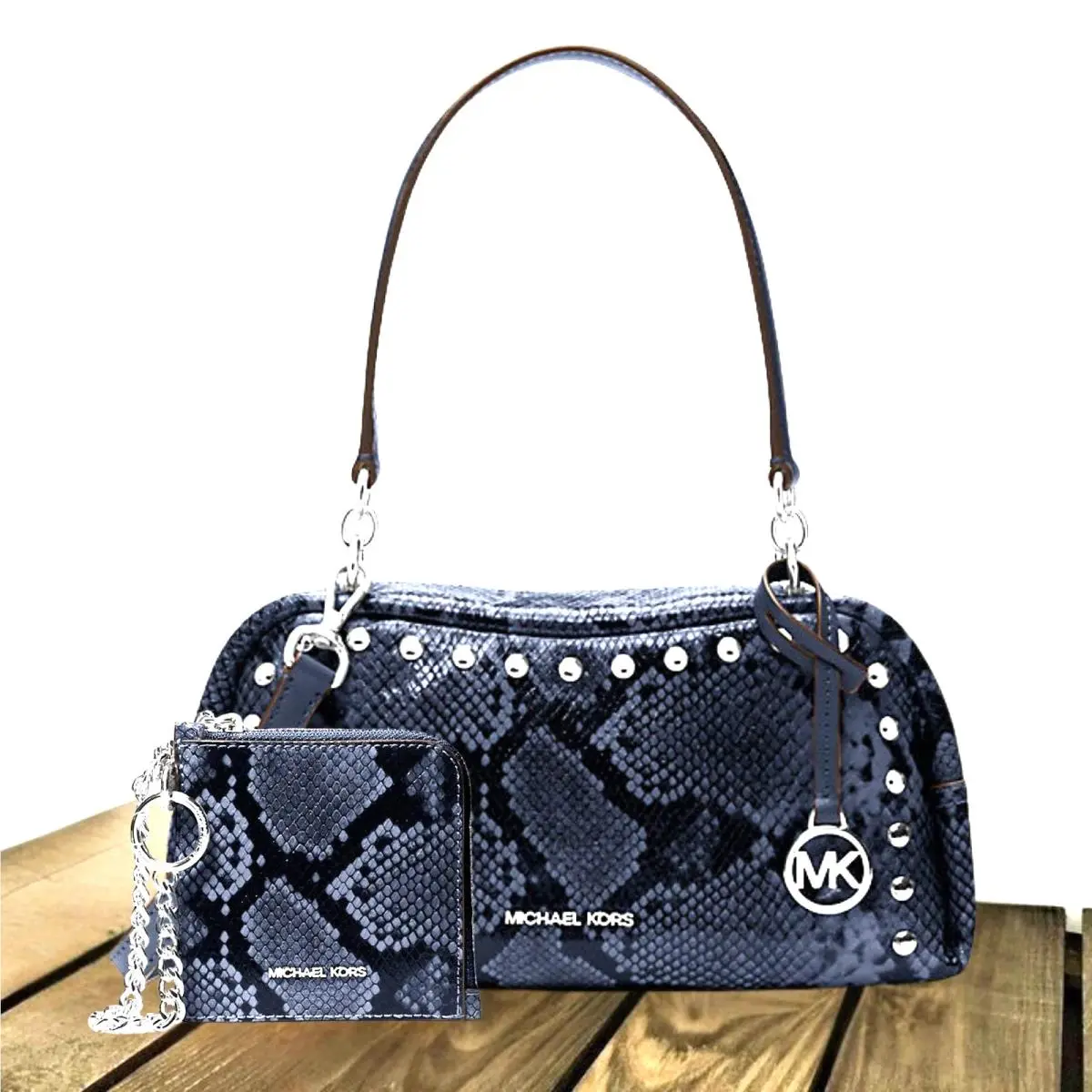 Michael Kors Cecily Women Small Snake Embossed Shoulder Bag +zip Wallet Set Navy
