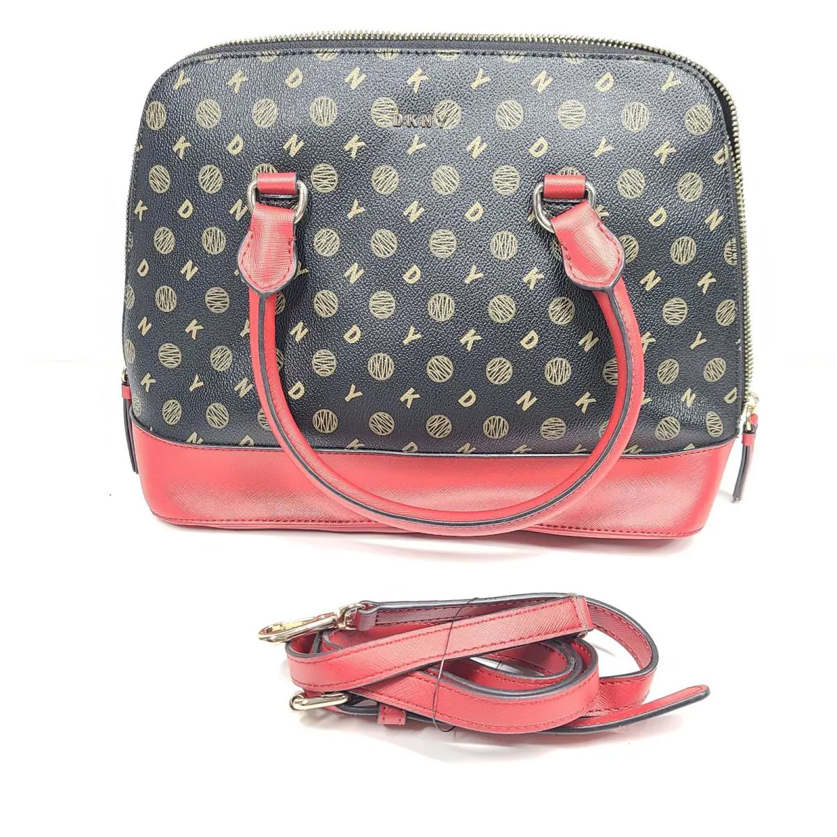 Dkny Bryant Park Medium Dome Satchel Crossbody Bag Leather Black Red