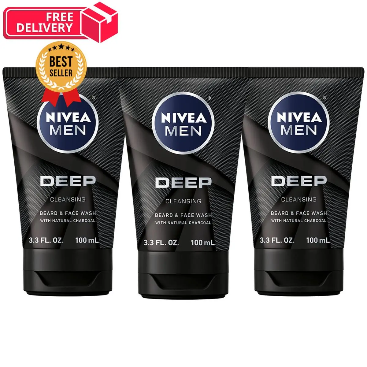 Nivea Men Deep Cleansing Beard and Face Wash 3.3 Fl Oz Pack of 3 Black