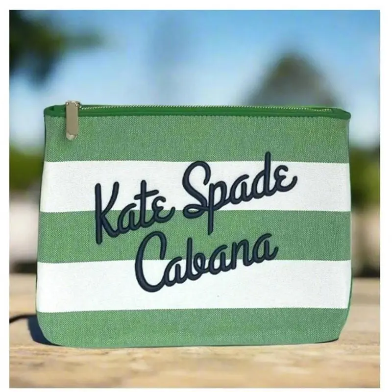 Kate Spade Cabana Clutch Green Stripe Canvas Zip Medium Cosmetic Pouch