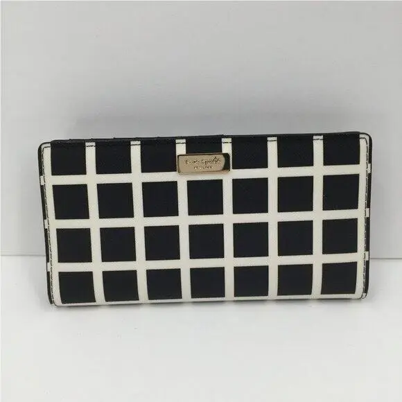 Kate Spade Stacy Laurel Way Printed Check Wallet Plaid Snap Saffiano Bifold New